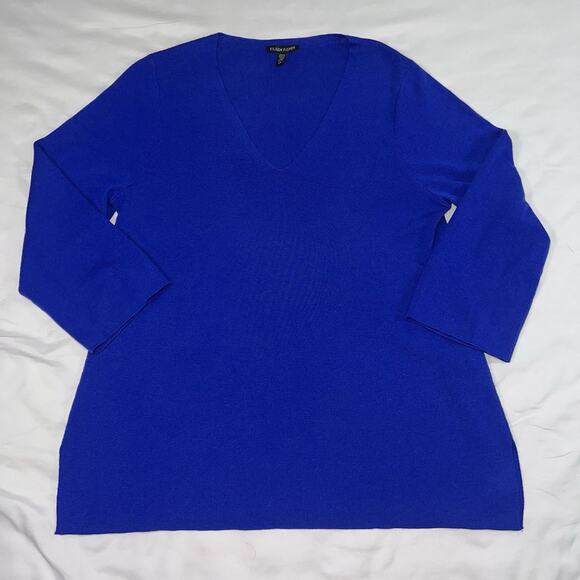 Eileen Fisher Knit Top Size Small Royal Blue 100% Merino Wool V-Neck 3/4 Sleeve - Picture 1 of 12